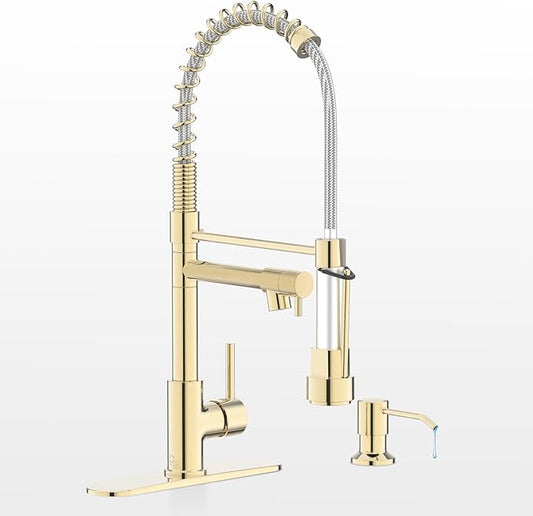 Gold Kitchen Faucet, Kitchen Faucet with Soap Dispenser, Kitchen Sink Faucet with Dual Function Spray Head and Deck Plate, 4 Hole Camper Farmhouse RV Sink Faucet with Sprayer