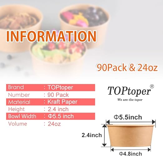 TOPtoper 24 Oz Large Paper Bowls【WITHOUT LIDS】 90 Pack Disposable Soup Bowls Plastic Free Party Supplies for Hot/Cold Food, Soup (24 OZ)