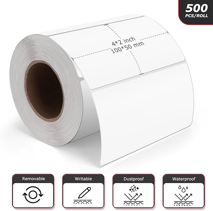 White Rectangle Stickers 4 x 2 Inch Color Coding Labels Vinyl Roll Self-Adhesive Waterproof Removable 500 PCS