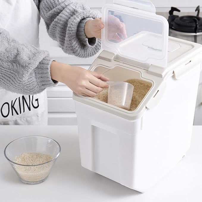 YXQ 25LB Large Flour Storage Container Bin ,2 Pack Airtight Plastic with Wheels Seal Locking Lid Dispenser Organizer Storage Bin with Measuring Cup & Scoop for Flour, Rice, Grain 50LBS Total