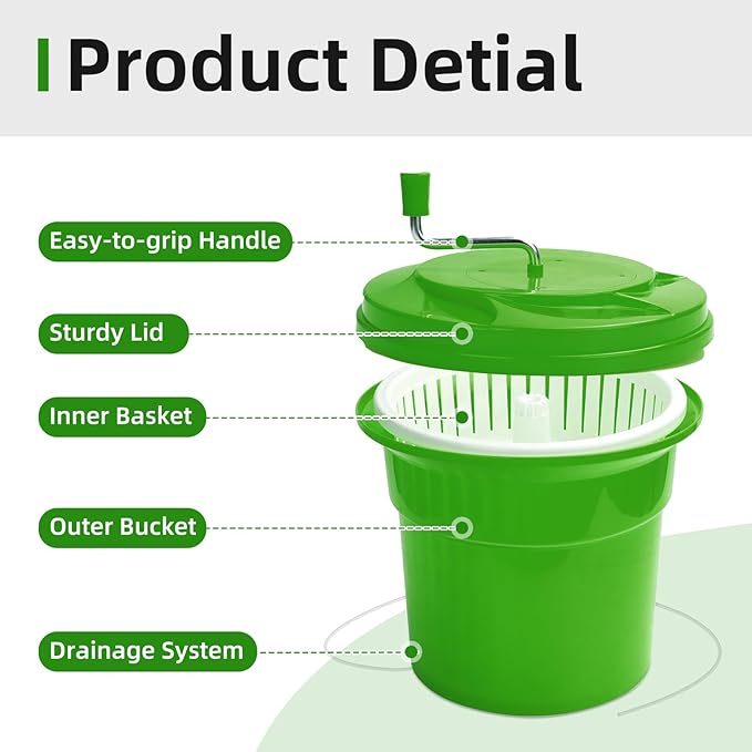 Wutfly 5 Gallon Commercial Salad Spinner and Dryer, Large Manual Vegetable Washer & Greens Dryer with Drain Tube, Heavy-Duty & FDA Listed for Restaurant, Home, Farm Use