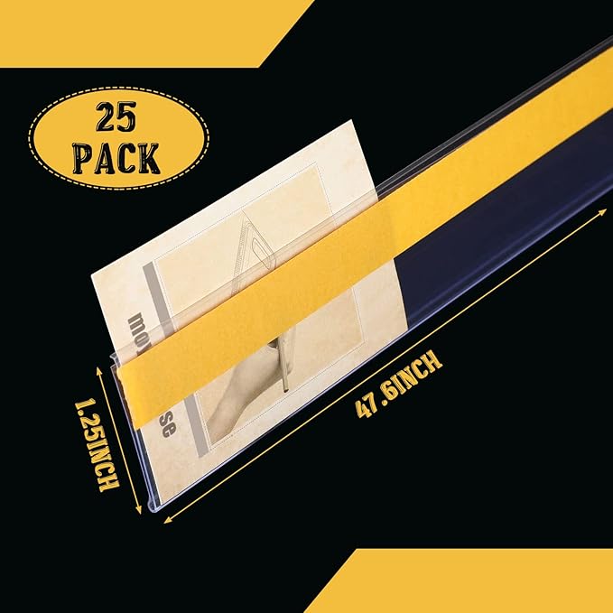 Fainne 25 Pcs Shelf Label Strips 1.25''H x 48 L Self Adhesive Shelf Label Holder Gondola Price Tag Stick on Plastic Clear Ticket Channel for Metal Wood Plastic Rack