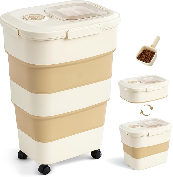 45-50lbs Dog Food Storage Container, Large Capacity Collapsible Airtight Pet Food Storage Containers with Rolling Wheels, Transparent Lid, Scoop and Date Track, Khaki