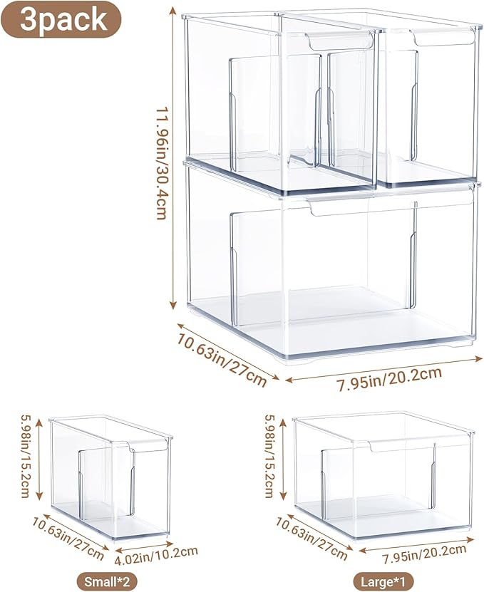 Clear Plastic Storage Bins with Dividers for Kitchen Pantry Organization, 3 Pack Thicken Stackable Storage Container Boxes for Refrigerator Cabinets Vanity Organizers and Storage, C6-1