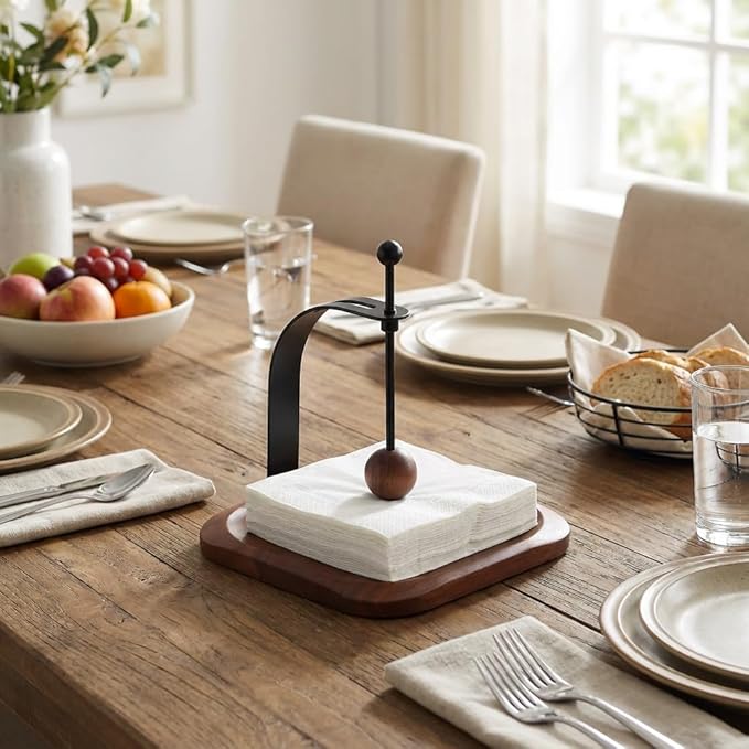 Walnut Napkin Holder for Table Wood Square Napkin Dispenser with Metal Cocktail Napkin Holder, Suitable for Kitchen, Restaurant, Bar, Office, Parties, Home Décor (Black Walnut Wood)