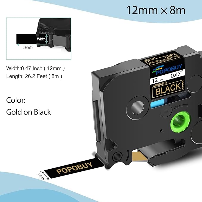 5 Pack 12mm 0.47 Laminated Black Tape Compatible for Brother P-Touch TZ334 TZ-334 TZe-334 TZe334 Gold on Black TZe TZ Label Tape for PT-D210 D200 D400 D600 E550W E800W H110 Label Maker