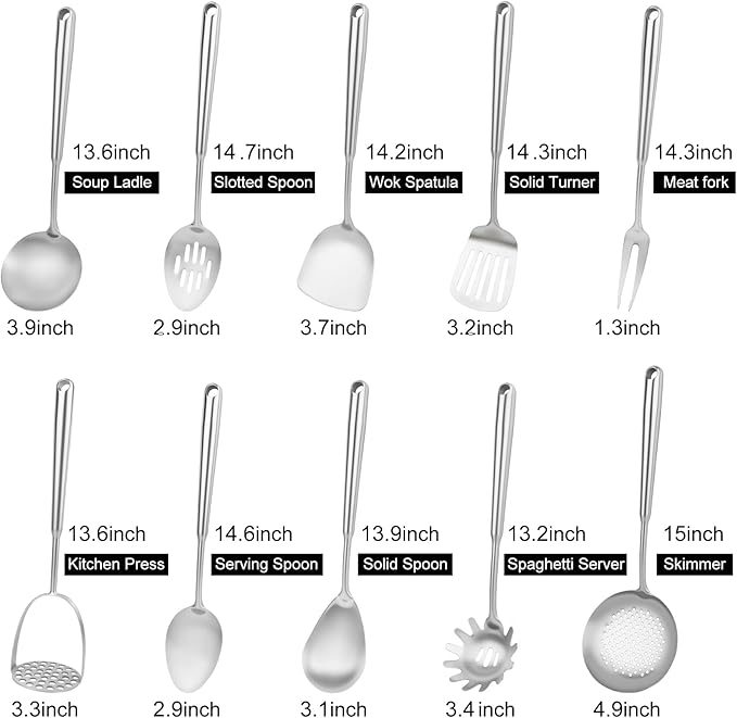 18 10 Stainless Steel Cooking Utensils Set, 10PCS Metal Kitchen Utensils Set for Wok,Kitchen Tools Set Come with Spoon, Fork, Spatula, Ladle, Skimmer, Turner, Pasta Server