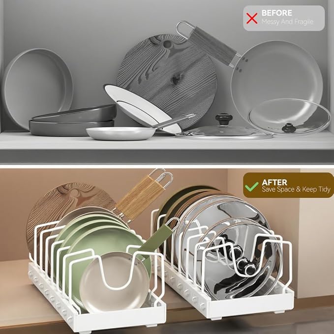 Pots and Pans Organizer Under Cabinet, Pull-out Pots and Pans Organizer, Under Cabinet Pot Lid Holder, Sliding type Pots and Pans Storage with 8 Adjustable Dividers for Kitchen
