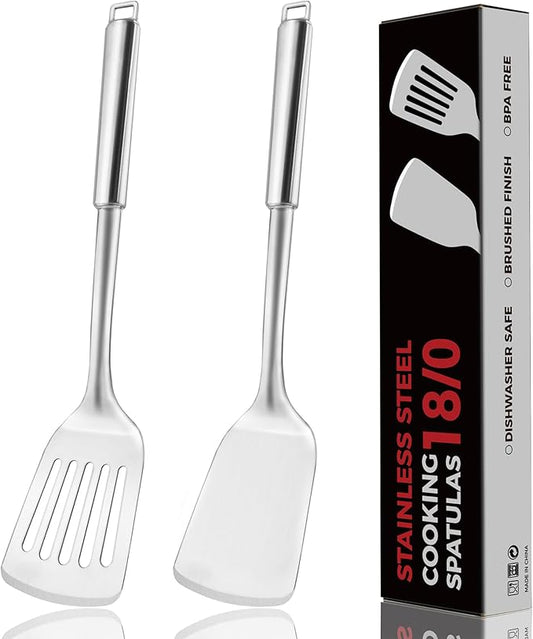 MUJINON 14.5-in Stainless Steel Spatula Set, 18/0 SS Heavy Duty Turner & Slotted Spatula for Kitchen Use, Cast Iron Grilling Frying, Pack of 2