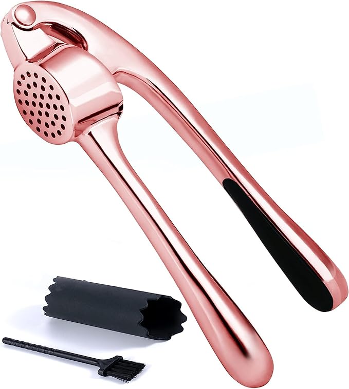 Premium Garlic Press Stainless Steel - Elevate Your Culinary Experience with Our Premium Garlic Mincer, Crusher & Peeler Set, Dishwasher Safe & Rust-proof (Rose Gold)