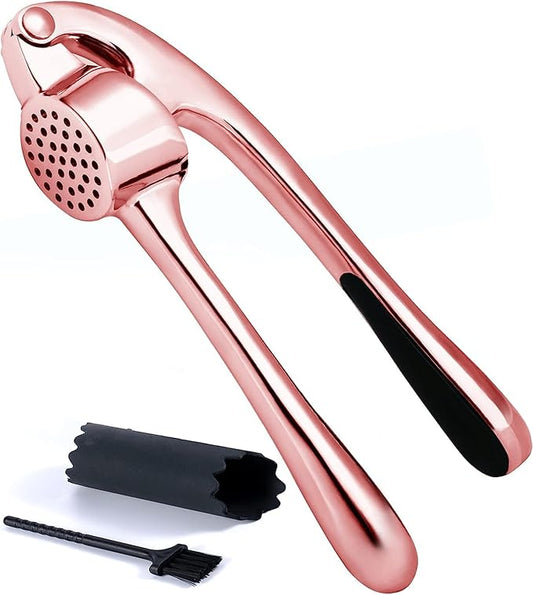 Premium Garlic Press Stainless Steel - Elevate Your Culinary Experience with Our Premium Garlic Mincer, Crusher & Peeler Set, Dishwasher Safe & Rust-proof (Rose Gold)