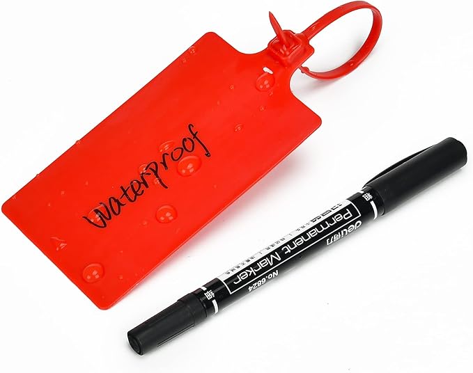 50 Red Plastic Water Proof Shipping Tags - Large Writable Marker Ties for Product Storage and Hanging Labels With One Permanent Marker Pen