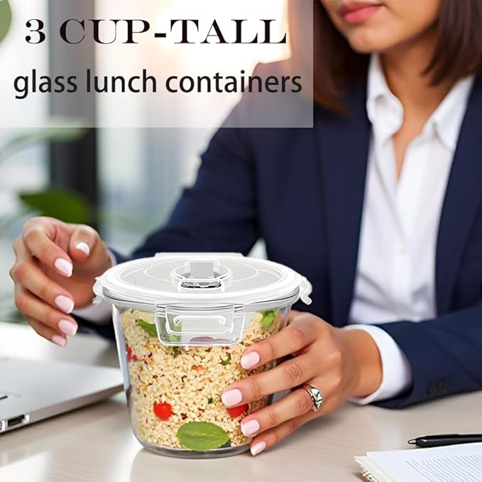 3-Cup Round Glass Meal Prep Containers with Lids,24oz Glass Food Storage Containers with Spoons, Heat-Resistant BPA-Free for Soup, Leftover, Oven, Dishwasher, Fridge, Freezer Safe (2 Pack)