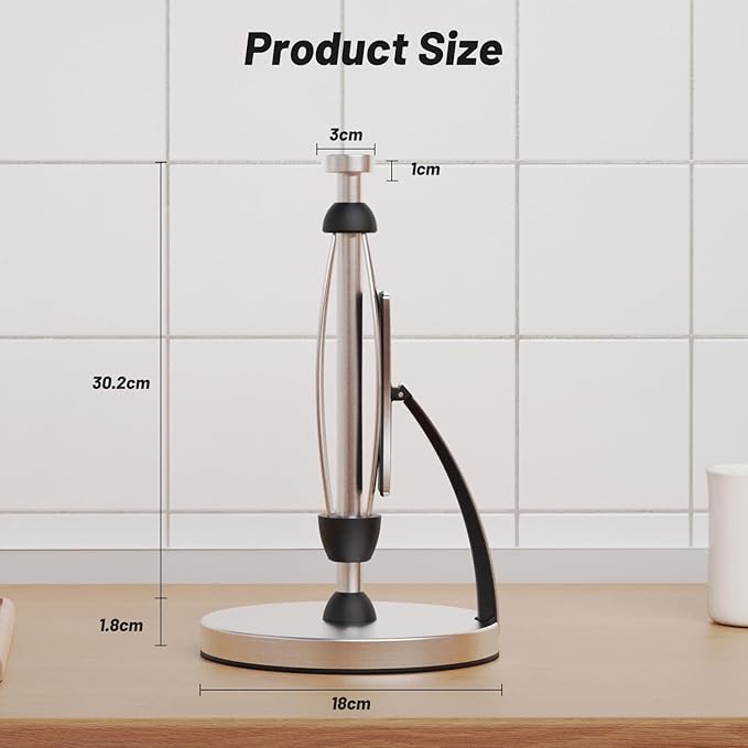 VEHHE Paper Towel Holder Countertop, One-Handed Tear, Stainless Steel, Stand Paper Towel Holder with Spring Activated Arm & Non Slip Weighted Base, for Kitchen Bathroom (Silver)
