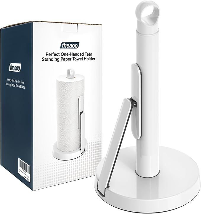 theaoo Heavy-Duty Stainless Steel Paper Towel Holder with Tension Arm – Easy One-Handed Tear, Modern Standing Countertop Dispenser for Kitchen, Holds All Paper Towel Rolls (1, White)