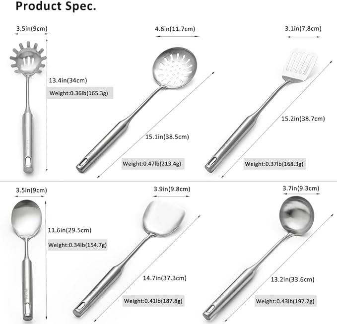 18/10 Stainless Steel Cooking Utensils Set 6 Pcs Metal Long Handle Kitchen Utensil, Spatula, Serving Soup spoon, Leaking shovel, Pasta Spoon Kitchen Tools Set (6 Pieces Set)