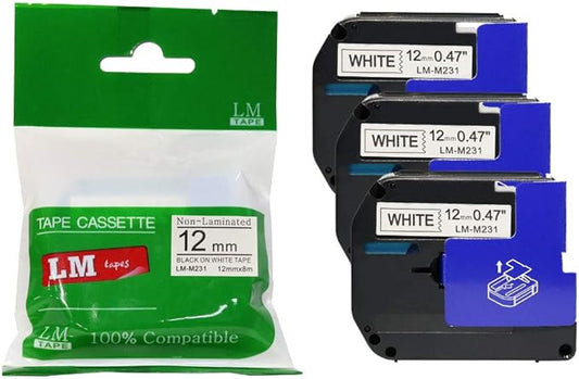3/Pack LM Tapes - Premium Compatible 1/2" (12mm) Black on White M Series P-Touch Tape, Replaces M231