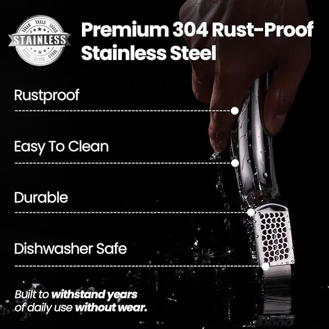 No Peeling Required Garlic Press Stainless Steel with Detachable Handle for Coarse Mincing - Premium Garlic Mincer Tool, Rust-Proof, Easy to Clean, Dishwasher Safe Garlic Crusher, Lifetime Replacement