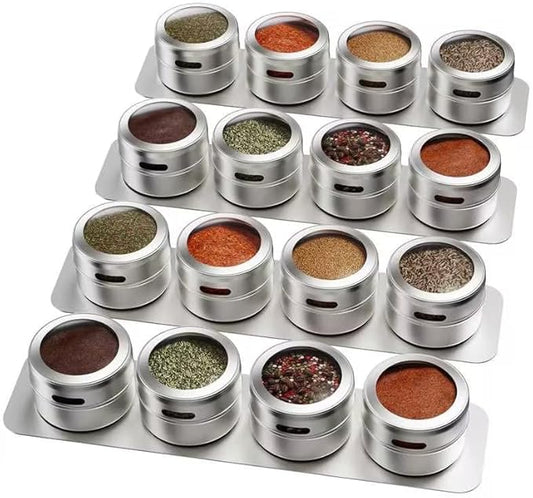 Set of 16 Magnetic Spice Tins with 4 Metal Wall-Plates,100 Preprinted Seasoning Label Stickers,2 Styles for 3 oz Herb Jars