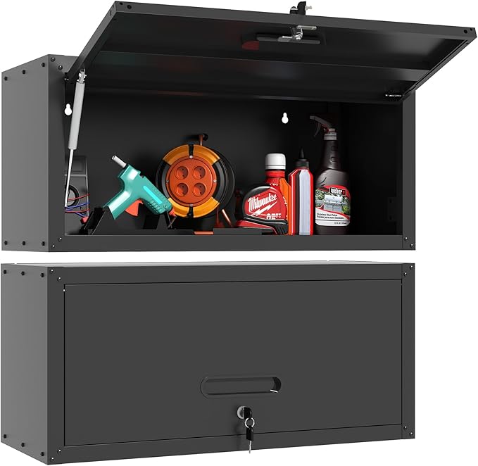 BIZOEIRON Garage Wall Cabinet with Flip-Up Door, Lockable Metal Storage Cabinet Wall Mounted, Hanging Tool Cabinet for Garage Basement Utility Room, Black
