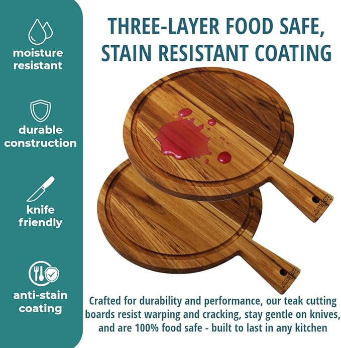 EcoDecors 16" Round Teak Cutting Board with Handle, FSC Certified Solid Wood, Edge Grain with Juice Groove, Carving Board for Meat & Kitchen Use