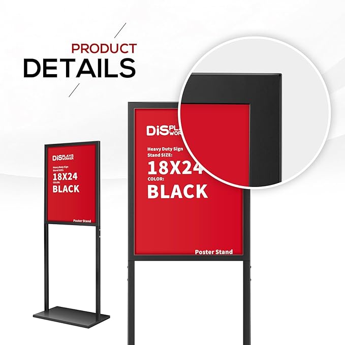 DISPLAYSWORKER Sign holder floor stand, heavy Duty Pedestal poster banner stand for display,18×24 inch slide-in double sided poster sign holder floor standing for board Display (Black, 18×24)