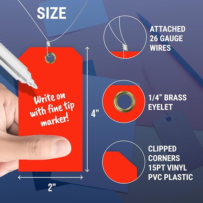 Tags 4 Less 15 Mil Blank Plastic Hang Tags with Attached Wire – 2" x 4" Heavy Duty Waterproof Hanging Labels for Outdoor Tagging, Equipment, Luggage, Valves & More (Fluorescent Orange/Red, Pack of 50)