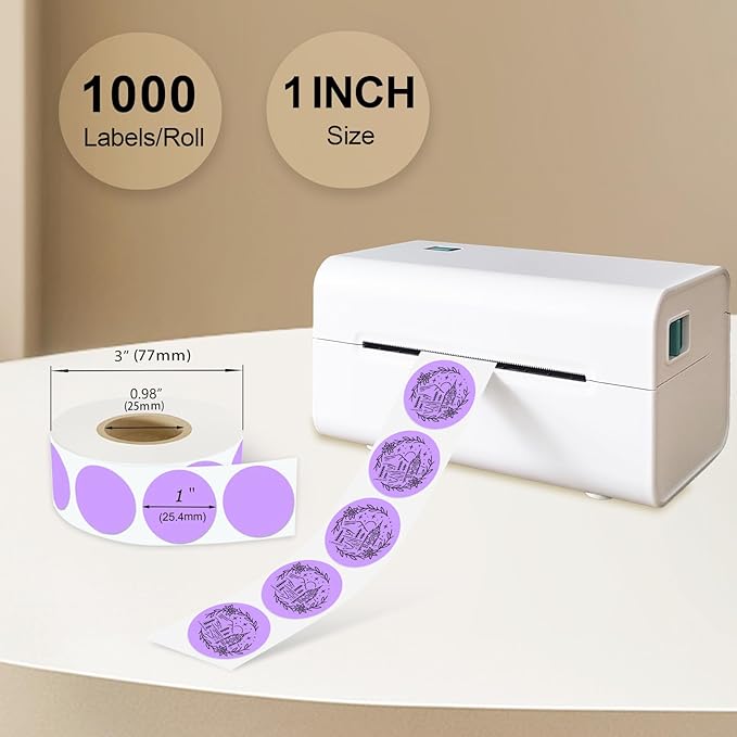 1 Inch Round Thermal Sticker Labels,Color Dot Stickers,Label Stickers,Waterproof,Oil Proof,for Thermal Printers,DIY,Office,Retail,Home and Warehouse Organization(Light Purple,1000 Pcs)