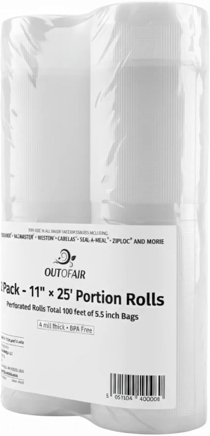 11" x 25' Portion Rolls (Fits Inside Machine) - 2 Pack (100 feet 5.5" rolls total) OutOfAir Vacuum Sealer Rolls. Works with FoodSaver Vacuum Sealers. 33% Thicker, BPA Free, Sous Vide, Commercial Grade