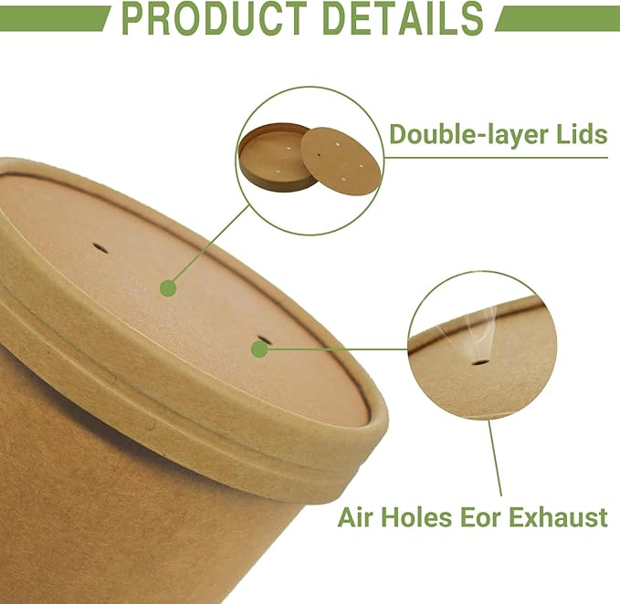 Belinlen 50 SET 8OZ Kraft Paper Soup Cups with Lids Compostable Paper Food Cup with Vented Lid, Disposable Ice Cream Cup, Great For Restaurants, Take Outs, or To-Go Lunch