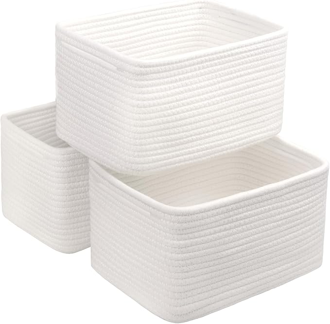 R RUNKA Small Cotton Rope Basket – Storage Bin for Organizing (10.6" x 6.7" x 6.7"), Bathroom Storage Basket for Shelf, Counter & Closet（White）