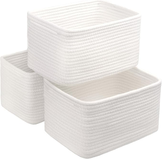 R RUNKA Small Cotton Rope Basket – Storage Bin for Organizing (10.6" x 6.7" x 6.7"), Bathroom Storage Basket for Shelf, Counter & Closet（White）