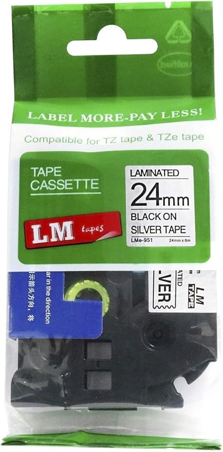 1/Pack LM Tapes - LMe951 Premium 1" Black Print on Silver Label Compatible with Brother TZe-951 P-Touch and Includes Tape Color/Size Guide. Replaces TZ-951 24mm 0.94 Laminated Ptouch.