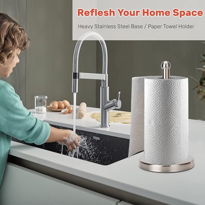Heavy Weighted Towel Holder, Easy One-Handed Design for Kitchen Stand Dispenser, Sturdy Base for Standard and Mega Paper Rolls (Brushed - Stainless Steel Base)