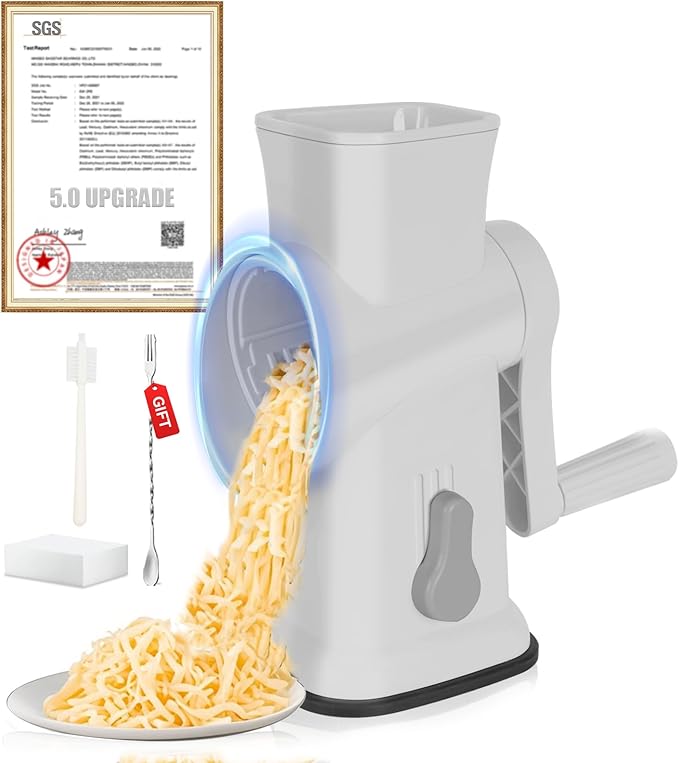 2025 Upgrade Cheese Grater Hand Crank【SUS304 Blade-5-Second Fast Cutting】【SGS Certification-German Nano Strong Suction Base】Rotary Cheese Grater for Cheese, Vegetables (Gray)