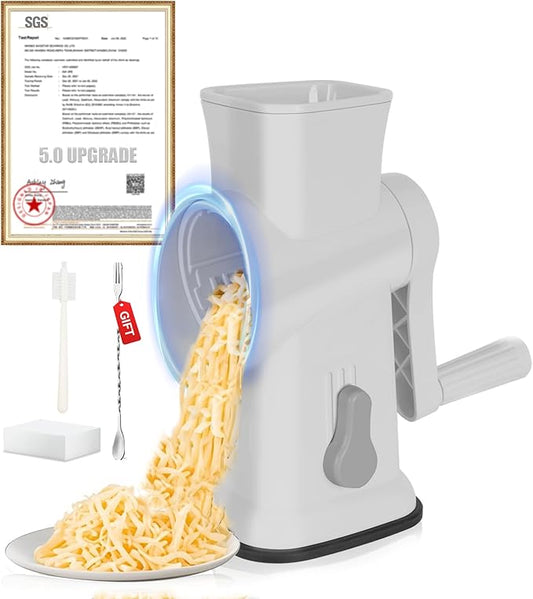2025 Upgrade Cheese Grater Hand Crank【SUS304 Blade-5-Second Fast Cutting】【SGS Certification-German Nano Strong Suction Base】Rotary Cheese Grater for Cheese, Vegetables (Gray)
