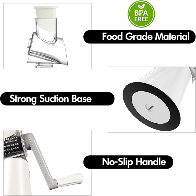 Ancevsk Rotary Cheese Grater with Handle, Kitchen Speed Hand Crank Vegetable Slicer, Potato Hash Brown Shredder Spinning Nut Grinder with 3 Replaceable Stainless Steel Drum Blades (White)