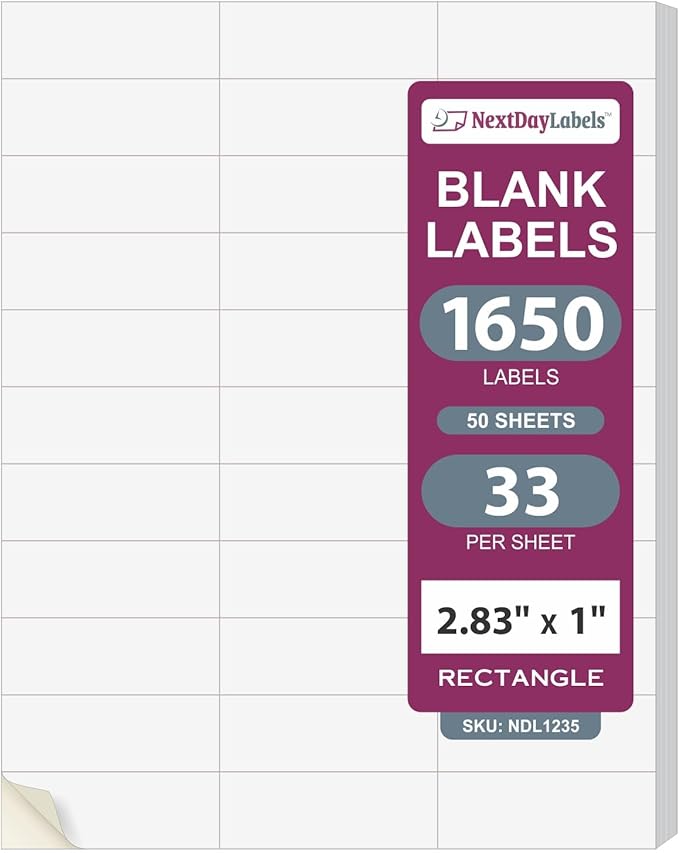 NextDayLabels 2.83x1 Inch Rectangle Stickers White Blank Labels for Laser Inkjet Printer - 33 Per Sheet Self-Adhesive Address Mailing Barcode Made in USA - 1650 Labels