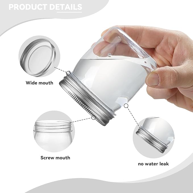 novelinks 8 oz Clear Plastic Jars with Airtight Lids, 16 Pack Plastic Mason Jars with Lids 8oz, Refillable Storage Slime Containers & Small Spice Jar for Kitchen Organization (16 Pack,Silver)