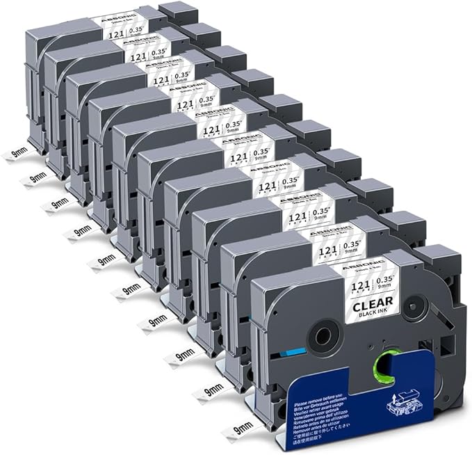 Absonic 10-Pack Tze-121 9mm 0.35 Black on Clear Label Tape Compatible for Brother Tze121 Tz121 Tz-121 P Touch Label Tape 9mm Laminated Clear Tze Tz Tape 3/8 Inch for PTD210 PTD220 PTD410 PTH110 PTD200