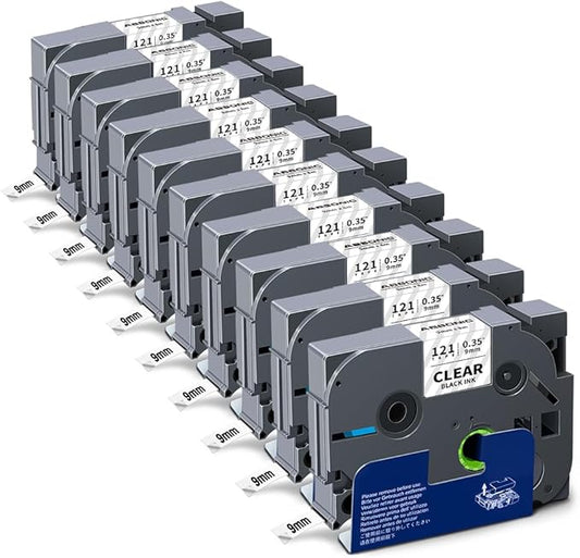 Absonic 10-Pack Tze-121 9mm 0.35 Black on Clear Label Tape Compatible for Brother Tze121 Tz121 Tz-121 P Touch Label Tape 9mm Laminated Clear Tze Tz Tape 3/8 Inch for PTD210 PTD220 PTD410 PTH110 PTD200