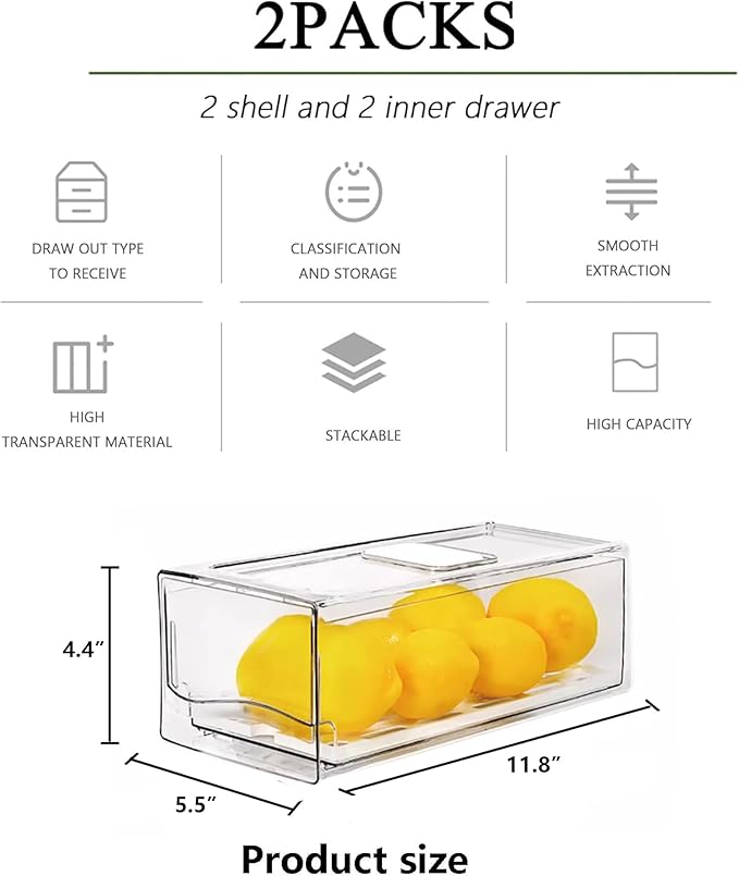 2 Pack Fruit Storage Containers for Fridge with Drain Board, Stackable Refrigerator Organizers and Storage,Reusable Food Storage Containers,Fridge Organizer Drawer for Produce,Vegetable,BPA-Free