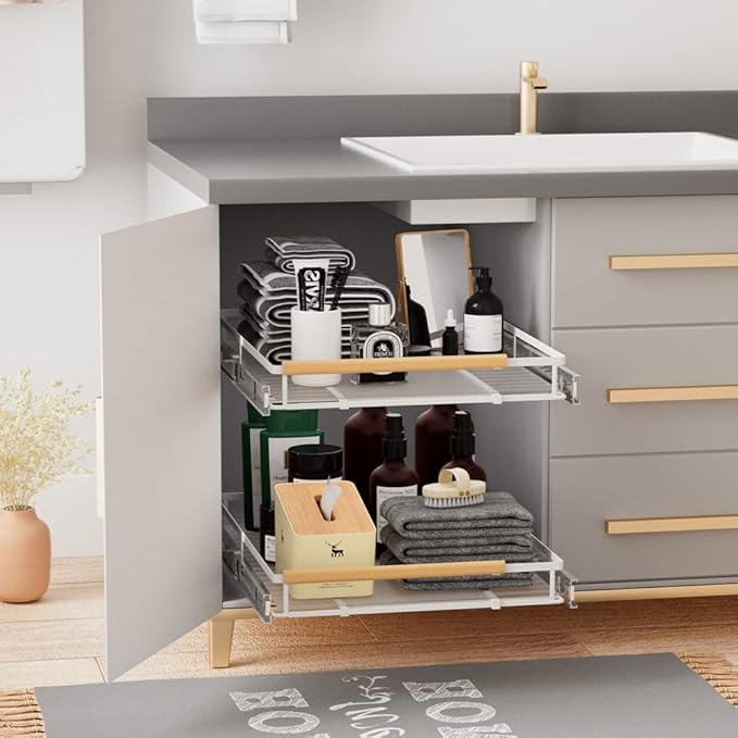 MIYUPTC Expandable Sliding Basket Drawer, Pull-Out Cabinet Organizer, Heavy Duty Slide Out Pantry Shelves for Kitchen, Under Sink, Bathroom, Wardrobe, 22''D