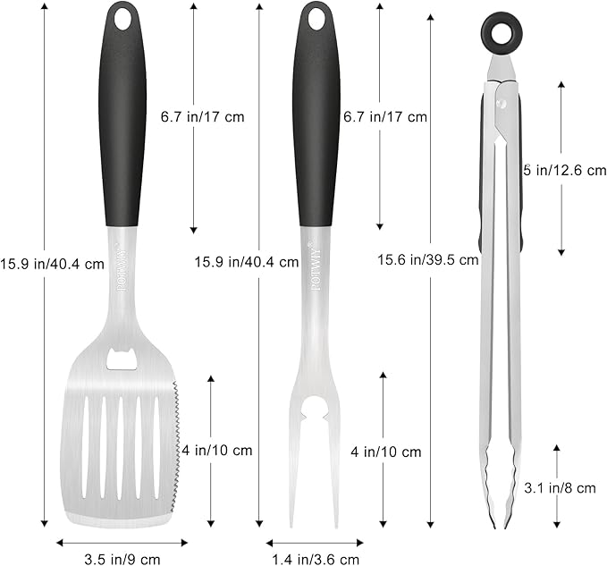 POTWIY BBQ Grilling Accessories, 3Pcs Stainless Steel Grill Tools Accessories Set with Spatula, Fork and Tongs, Barbecue Utensils Grilling Tools for Outdoor Camping, Heat-Resistant Silicone Handle