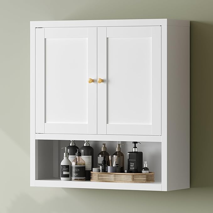 YAUWOH Metal Bathroom Storage Cabinet, Metal Storage Cabinet with 2 Adjustable Shelves & 2 Doors,Freestanding Sideboard for Small Spaces (White, Wall Cabinet-22.59" H)
