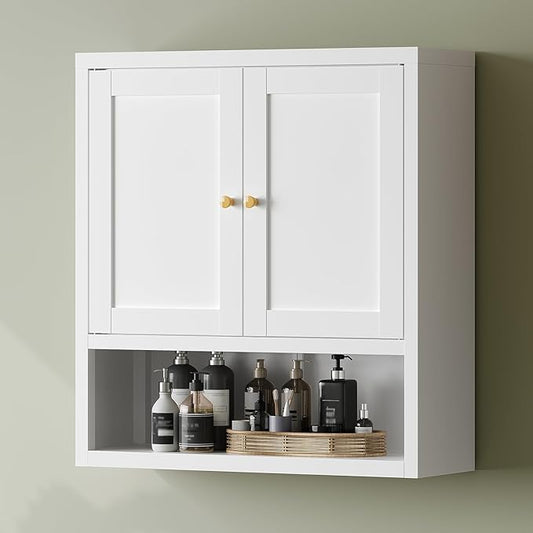 YAUWOH Metal Bathroom Storage Cabinet, Metal Storage Cabinet with 2 Adjustable Shelves & 2 Doors,Freestanding Sideboard for Small Spaces (White, Wall Cabinet-22.59" H)