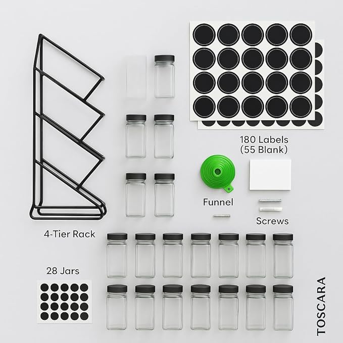 TOSCARA Spice Jar Rack Organizer for Cabinet! 28 Glass Jars with Black Lids! 4 Tier Seasoning Storage Shelf with 180 Labels, Funnel & Screws! Spices Organiser for Kitchen Countertop, Pantry, Cupboard