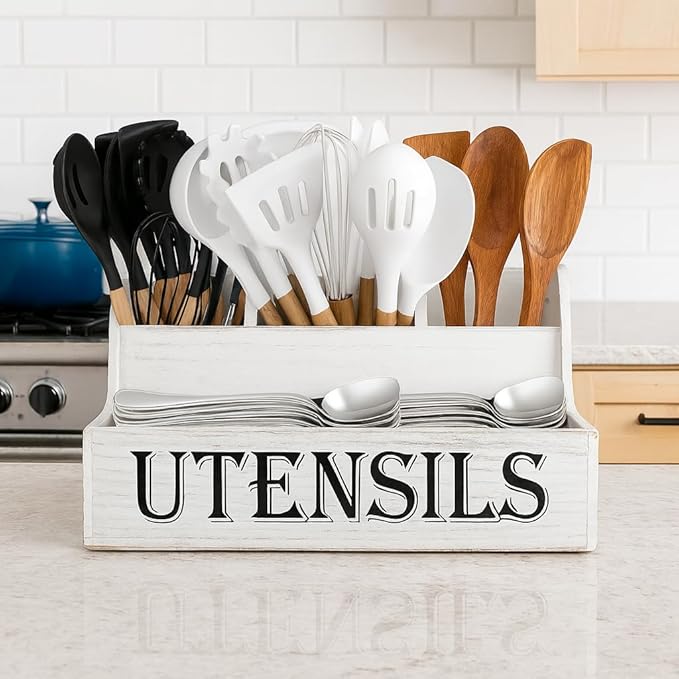 JKS Essentials Large Wooden Kitchen Utensil Holder with 4 Compartments | White Farmhouse Utensil Organizer for Countertop, Rustic Cooking Utensil Caddy, Silverware & Spoon Storage | White Wood Grain
