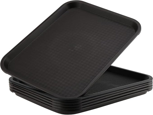 ZOENHOU 6 Pack 14 x 10 Inch Fast Food Tray, Rectangular Cafeteria Serving Trays, Plastic Trays for Food, Black