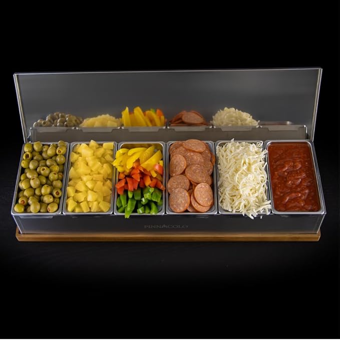 Pinnacolo 6 Slot Condiment Carrier, Stainless Steel Holders, Silicone Lids, and Gel Packs - Portable and Versatile for Outdoor BBQs and Parties